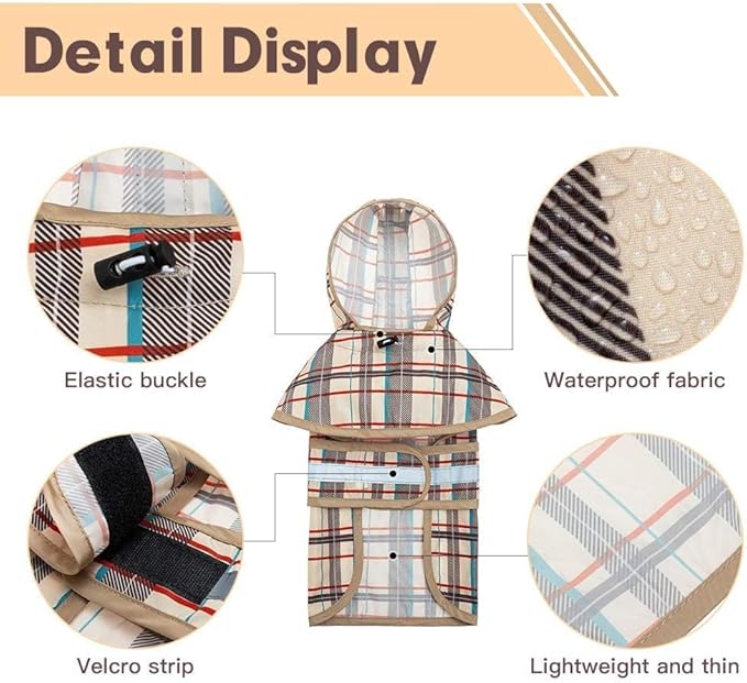 KOOLTAIL Dog Raincoat Hooded Slicker Poncho with Leash Hole, Raincoat for Medium Large Dogs, Waterproof Doggie Rain Jacket with Reflective Strip, Adjustable Breathable Plaid Puppy Rainwear-Beige L