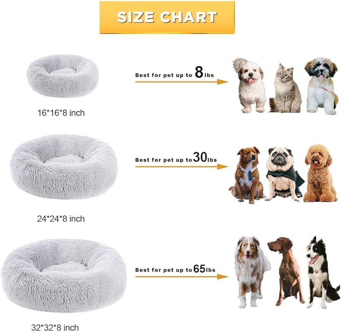 Dog Bed Calming Beds for Small Medium Dogs - Round Donut Washable Dog Bed, Anti-Slip Faux Fur Fluffy Donut Cuddler Anxiety Cat Bed(Light Grey 24")