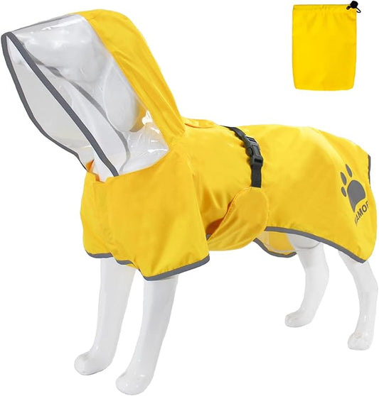 MAMORE Dog Raincoat Hooded Rain Jacket for Small Medium Large Dogs Slicker Poncho Bottom Waterproof Adjustable Reflective Breathable Leash Hole (Yellow, X-Large)