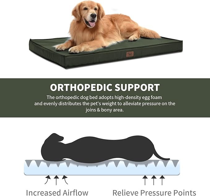 Outdoor All Weather Dog Crate Bed, Waterproof Dog Bed for Medium Dogs, Orthopedic Egg Foam Pet Bed with Removable Cooling Cover, Dark Green