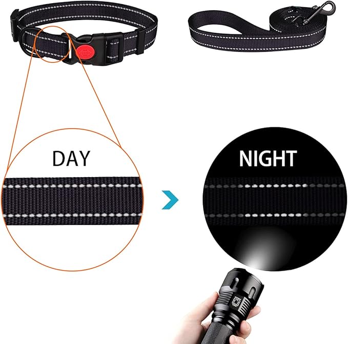 Reflective Dog Collar and Leash Set with Safety Locking Buckle Nylon Pet Collars Adjustable for Small Medium Large Dogs 3 Sizes(Black&L)