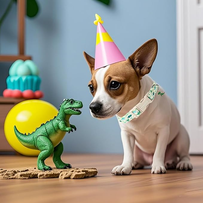 Lionet Paws Green and Blue Dinosaur Dog Collar- Cute Stegosaurus and Raptor Beige Dog Collars with Plastic Buckle,Light Adjustable Dog Collars for Medium Large Dogs