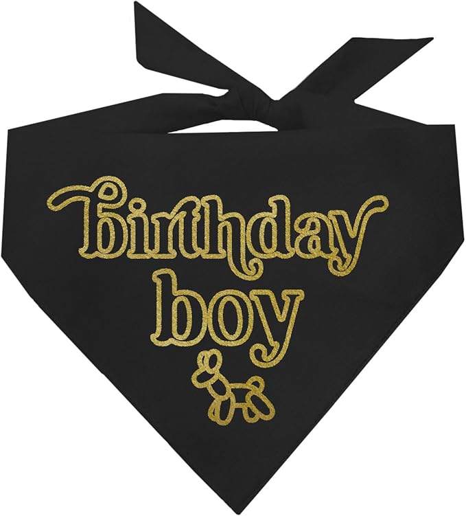 Birthday Boy Metallic Printed Dog Bandana | 100% Cotton Adjustable Triangle | Birthday Pawty | Party Theme | Celebration Supplies | Photoshoot Prop |Black, Gold Foil (1330)