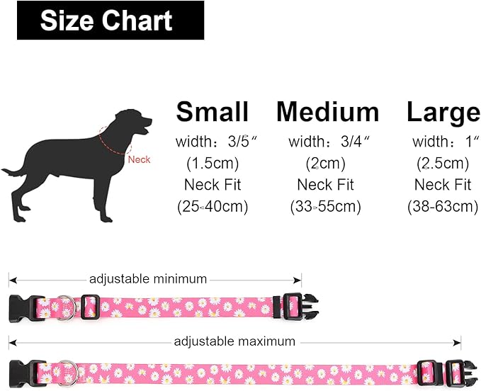 Adjustable Dog Collar with Patterns, Ultra Comfy Soft Nylon Breathable Pet Collar for Small Medium Large Dogs (S, Pink Daisy)