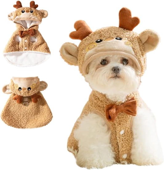 ANIAC Dog Christmas Cape Coat with D-Ring Cat Santa Costume with Xmas Tree Hat Newyear Dogs Outfit Warm Puppy Clothes for Small Dog Pet Christmas Cloak for Cat (Brown, X-Small)