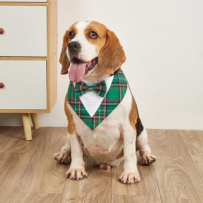 Adjustable Green Plaid Christmas Dog Tuxedo Bandana with Bow Tie - Holiday Pet Outfit Costume for Dogs XS to XL