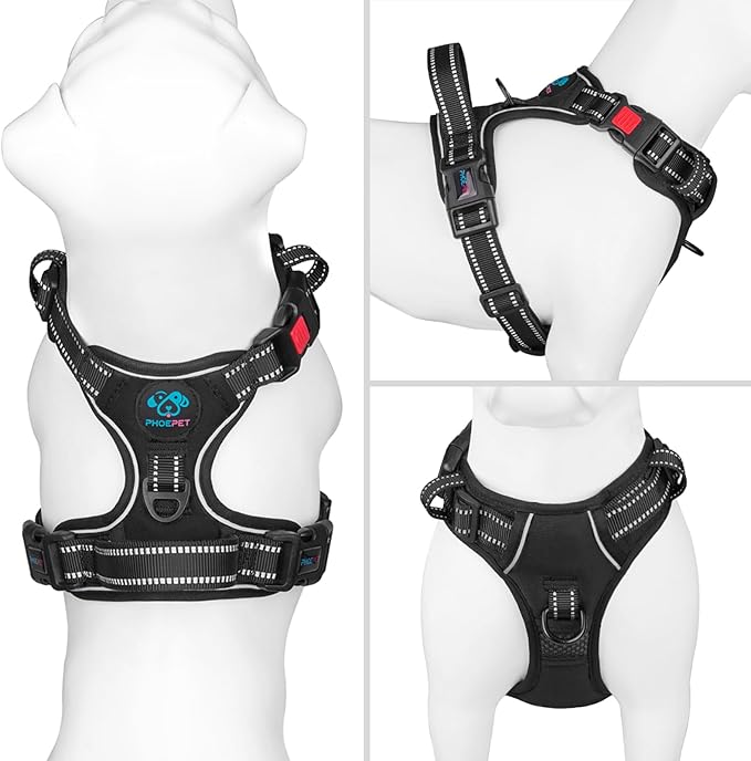 PHOEPET Reflective Dog Harness Large Breed Adjustable No Pull Vest with with Handle 2 Metal Rings 3 Buckles [Easy to Put on & Take Off](L, Black)