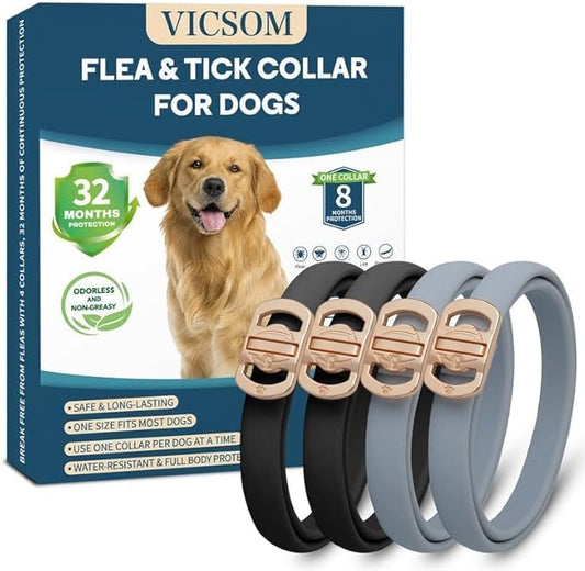 Flea and Tick Collar for Dogs, 4 Pack 32 Months Treatment Prevention, Waterproof Adjustable Small Medium Large Dog Puppy, Black Grey