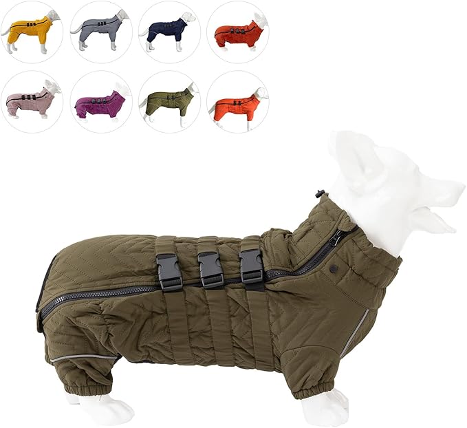Lovelonglong Warm Dog Coat Double Layers Dog Vest, 4 Legs Covered Windproof Waterproof Reflective Warm Dog Vest Outdoor Skating Dog Costume for Corgis Dachshund Dog Olive D-M