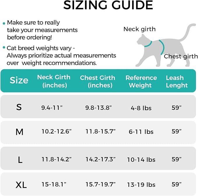 Cat Harness and Leash Escape Proof Medium Kitten Harness Bengal Cat Vest for Walking Travel, Turquoise, M