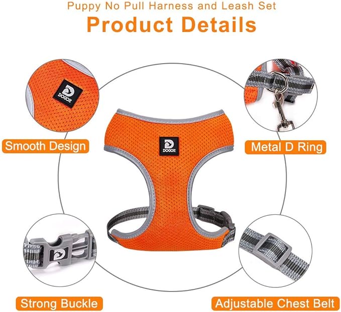 Puppy Harness and Leash Set - Dog Vest Harness for Small Dogs Medium Dogs- Adjustable Reflective Step in Harness for Dogs - Soft Mesh Comfort Fit No Pull No Choke (S, Orange)