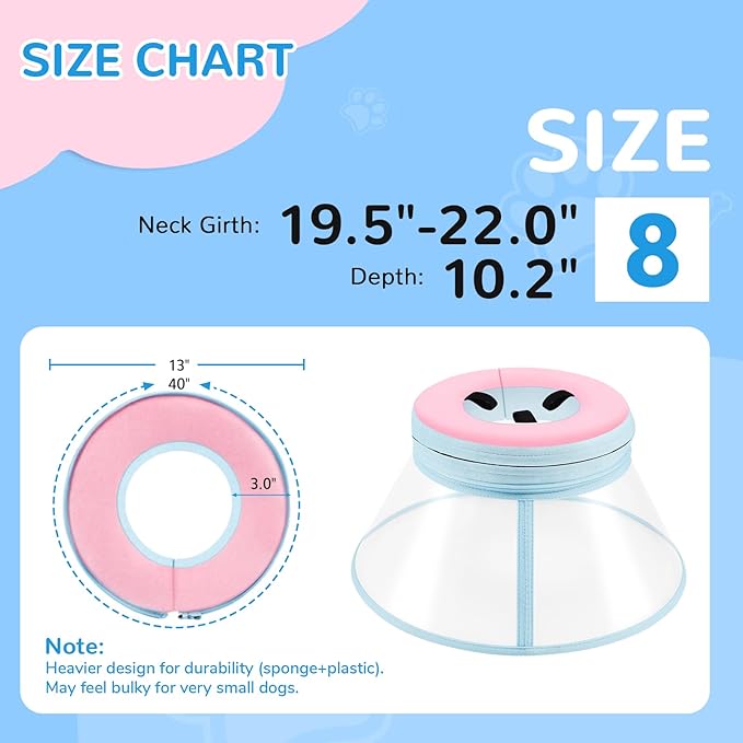 Sponge Core Dog Cone, Inflatable Dog Cone Collar Alternative, Dogs Donut Collar After Surgery, Soft Cone for Large Medium Small Dogs to Stop Licking, No Inflation Required, Clear View(Size 8, Pink)