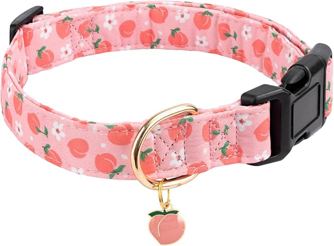 Cotton Dog Collar,Soft and Cute Puppy Collars with Peach Patterned Design for Girl Female Boy Dogs,Adjustable Buckle Pet Collar for Small Medium Large Dogs (Pink Peach, Medium)