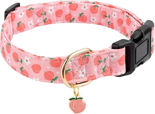 Cotton Dog Collar,Soft and Cute Puppy Collars with Peach Patterned Design for Girl Female Boy Dogs,Adjustable Buckle Pet Collar for Small Medium Large Dogs (Pink Peach, Medium)