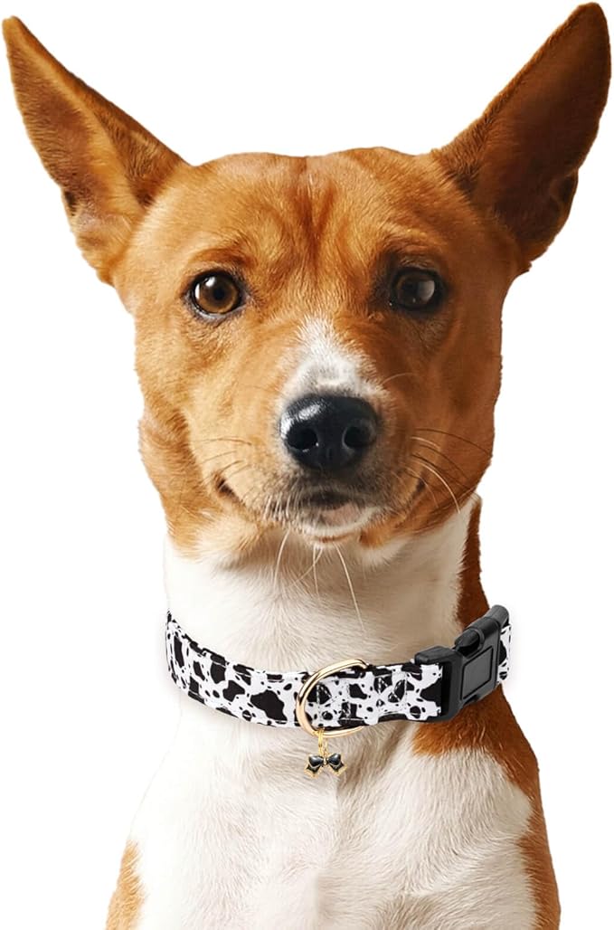 Cotton Dog Collar,Soft and Cute Puppy Collars with Crow Patterned Design for Girl Female Boy Dogs,Adjustable Buckle Pet Collar for Small Medium Large Dogs (Cow Print, Medium)