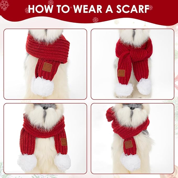 SlowTon Dog Knitted Scarf, 2 Pack Dog Warm Bandanas, Winter Holiday Decoration Scarf for Small Medium Large Dogs (Red,Green)