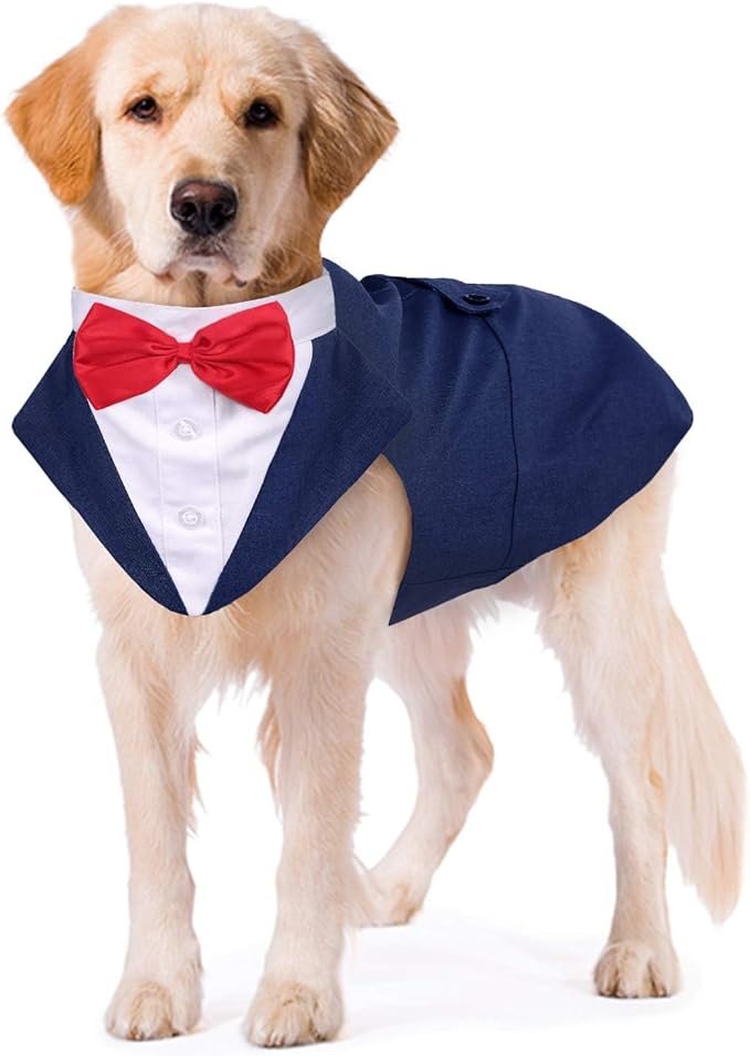 Kuoser Dog Tuxedo Dog Suit and Bandana Set, Dogs Tuxedo Wedding Party Suit, Doggy Prince Bow Tie Shirt Formal Pet Wedding Attire for Large Medium and Small Dogs Golden Retriever Samo Bulldogs