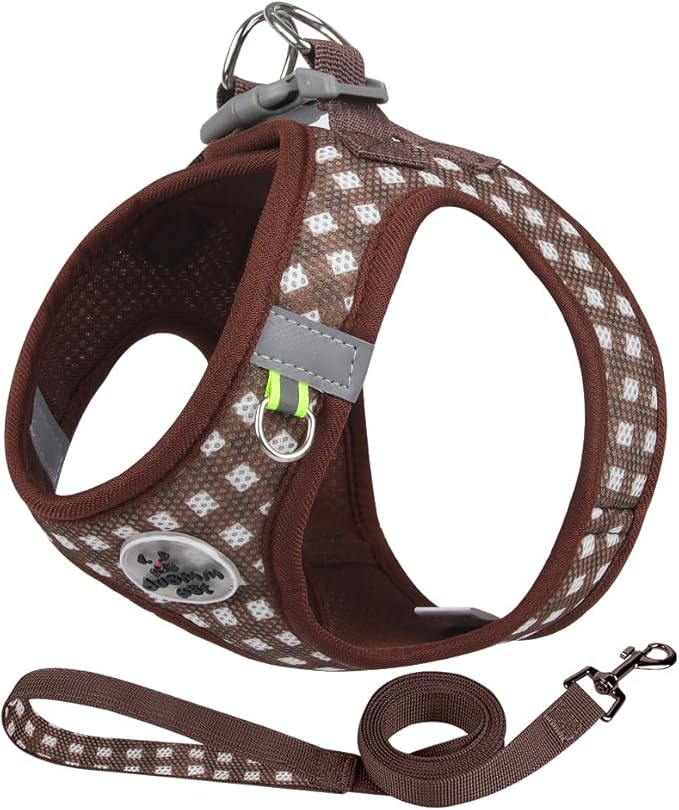 Soft Mesh Dog Harness and Leash Set, Step-in Escape Proof Vest Harnesses, Reflective Breathable Pet Harness Adjustable Plaid Pet Outdoor Harnesses for Medium Dogs, Chocolate L