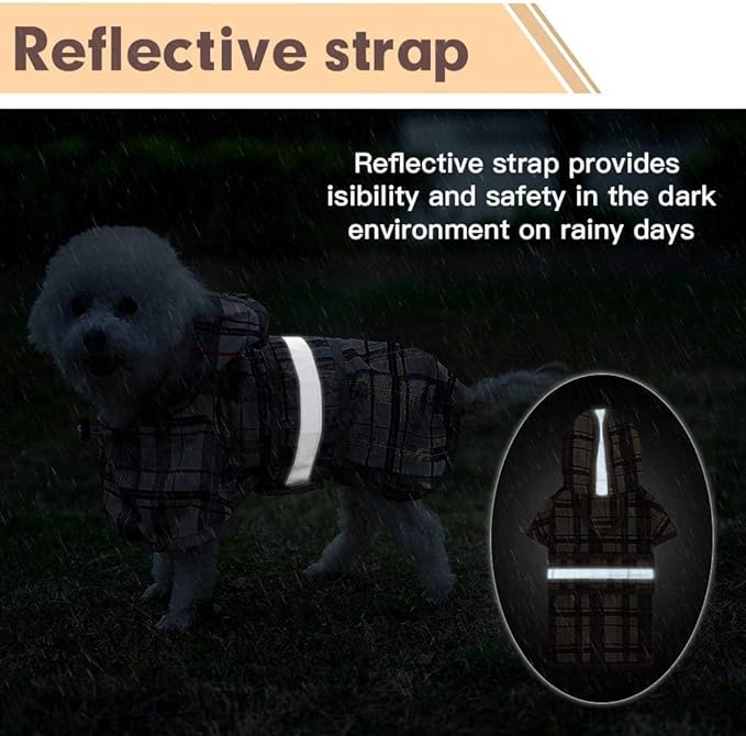 KOOLTAIL Dog Raincoat Hooded Slicker Poncho with Leash Hole, Raincoat for Medium Large Dogs, Waterproof Doggie Rain Jacket with Reflective Strip, Adjustable Breathable Plaid Puppy Rainwear-Beige L