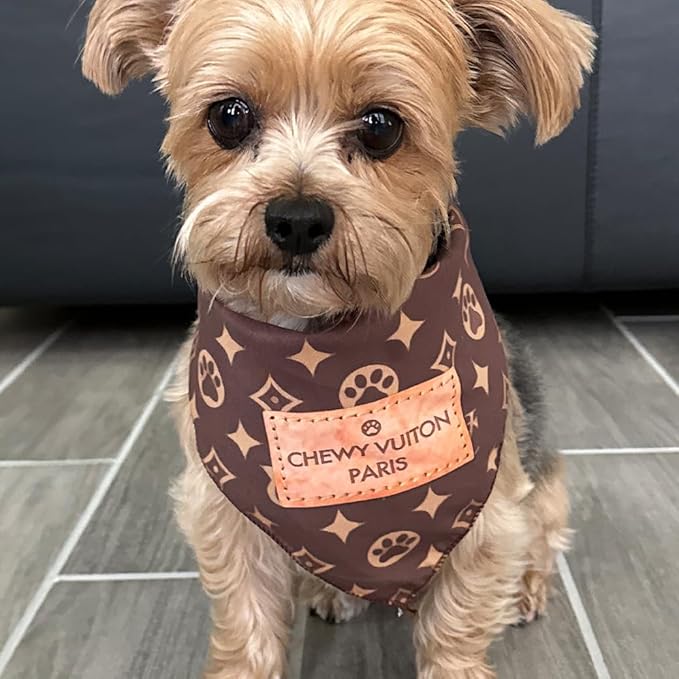 Dog Bandana Chewy Vuiton Designer Fashion Clothes Scarf Kerchief for Small Medium and Large Dogs. Funny Parody Gift for Girl or boy Dog Soft Durable Fabric, Adjustable tie-on Style Triangle