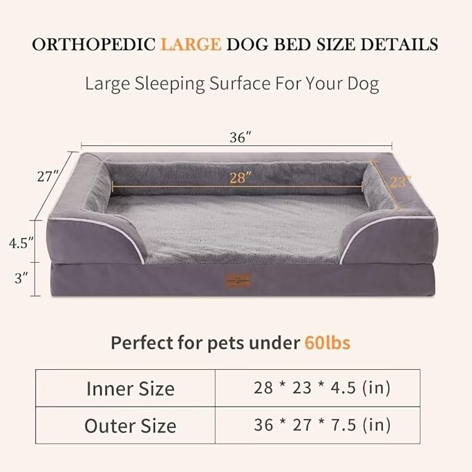 Comfort Expression Large Dog Beds Waterproof Comfy Pet Bed for Dogs Sofa, Orthopedic Foam Dog Beds with Washable Removable Cover & Non-Slip Bottom(Large,Purple)
