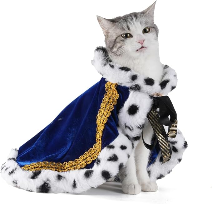 Lovelyshop pet Serial Lux Fur Blue Cat Dog Cloak for Halloween Costumes, King Queen Prince and Princess Cosplay-S