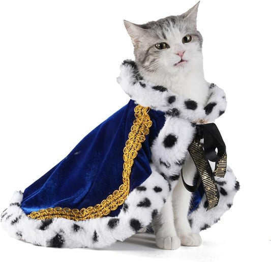 Lovelyshop pet Serial Lux Fur Blue Cat Dog Cloak for Halloween Costumes, King Queen Prince and Princess Cosplay-S