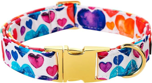 Lionet Paws Valentine Dog Collar, Heavy-Duty Cute Colorful Heart Pattern Pet Collar with Metal Buckle for Medium Large Dogs, Neck 16-24 inches