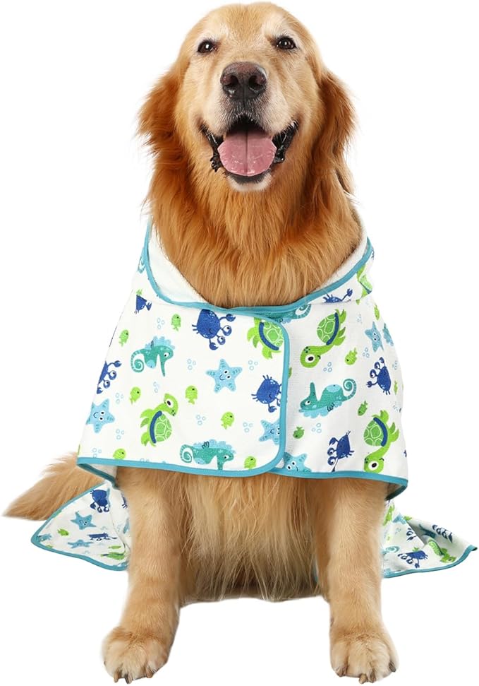 HDE Dog Bathrobe Super Absorbent Quick Drying Towel with Hood for All Dog Breeds Sizes S-XXL - Sea Animals - XXL
