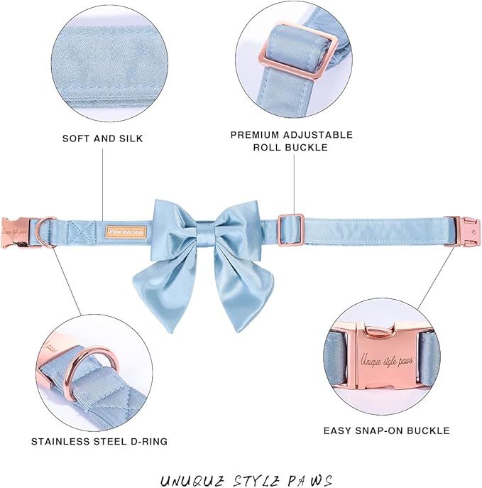 Unique style paws Silk Blue Color Dog Collar Adjustable Durable Dog Collar with Bow Wedding Bowtie Collar for X-Large Dogs