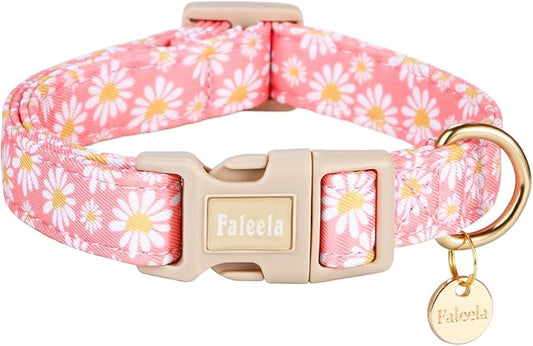 Faleela Dog Collar - Cute & Comfy Cotton Pet Collar, Adjustable Lightweight Design with Quick-Release Buckle, for Small, Medium & Large Dogs - Multiple Styles Available (Pink Flower, Medium)