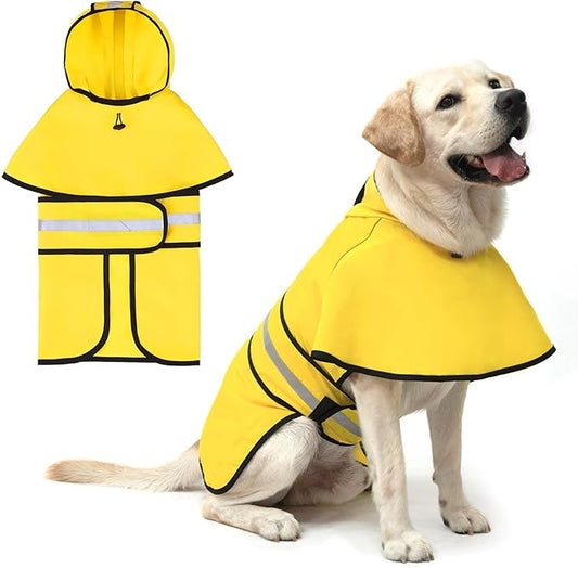 KOOLTAIL Dog Raincoat Hooded Slicker Poncho with Leash Hole, Raincoat for Large Dogs, Waterproof Doggie Rain Jacket with Reflective Strip, Adjustable Breathable Extra Large Rainwear-Yellow Solid