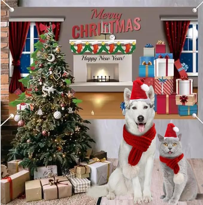 ANIAC Dog Santa Hat with Scarf Kids Xmas Cap Doggy Christmas Costume Pet Warm Headgear and Neck Accessories for Medium Big Dogs and Kids (Large)