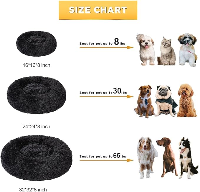 Dog Bed Calming Beds for Small Medium Large Dogs - Round Donut Washable Puppy Dog Bed, Anti-Slip Faux Fur Fluffy Donut Cuddle Anxiety Cat Pet Bed(32'' Black)