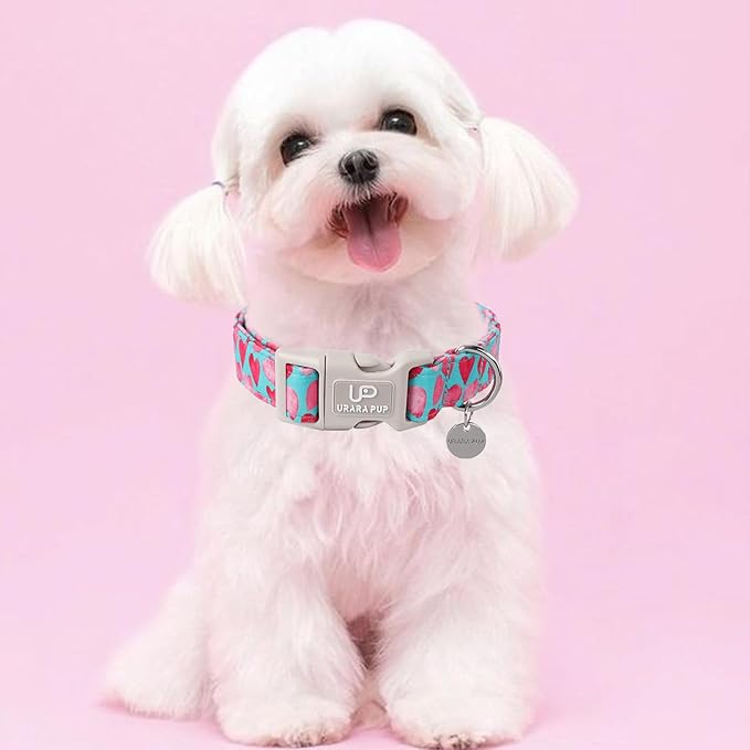 Pink Heart Dog Collar, Valentine's Gift for Puppy Small Medium Dogs, Adjustable Size, Cotton Material, Unique Design