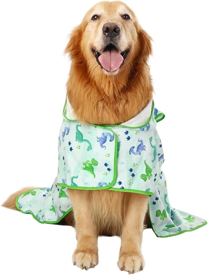 HDE Dog Bathrobe Super Absorbent Quick Drying Towel with Hood for All Dog Breeds Sizes S-XXL - Cute Dinosaurs - XL