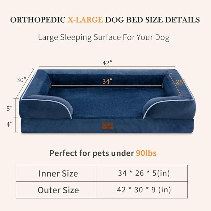Comfort Expression Extra Large Dog Beds, Waterproof Orthopedic Foam Dog Beds, XL Dogs Bed with Bolster, Washable Dogs Sofa Pet Bed with Removable Cover & Non-Slip Bottom(X-Large,Navy Blue)