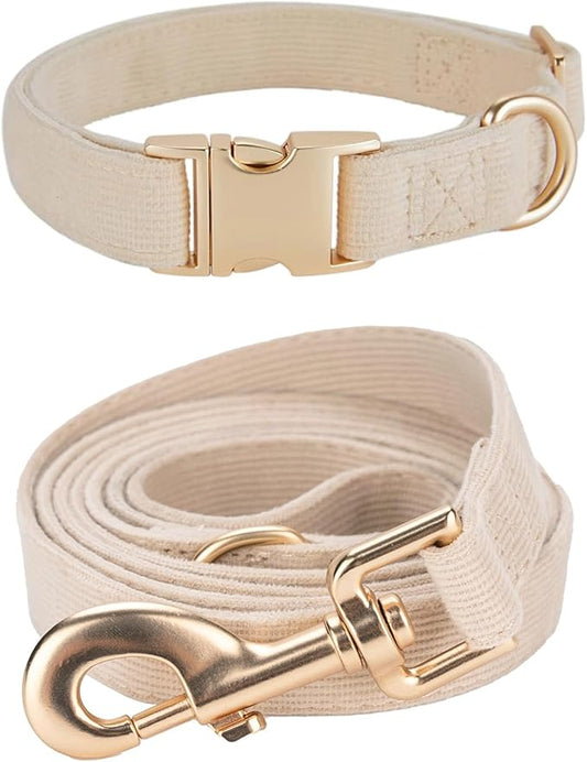 Soft Corduroy Dog Collar and Leash Set, Adjustable Cotton Dog Collars with Metal Buckle and Lead for Medium Dogs,Beige