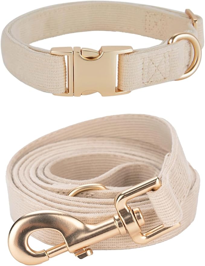 Soft Corduroy Dog Collar and Leash Set, Adjustable Cotton Dog Collars with Metal Buckle and Lead for Small Dogs,Beige