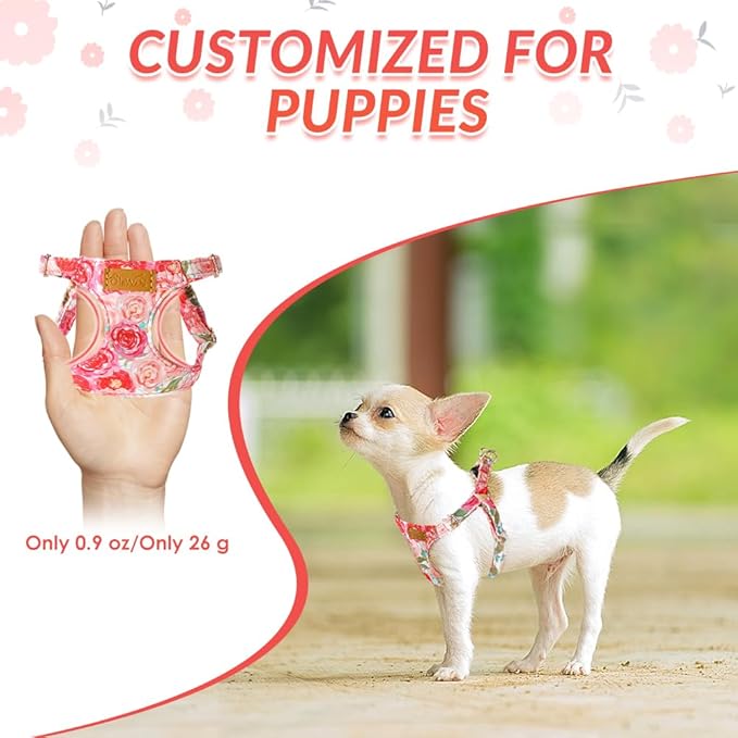 SlowTon No Pull Dog Harness with Leash - Soft Lightweight Floral Pattern Puppy Harness, Adjustable Pet Harness for Small Medium Dogs (Pink Rose S)