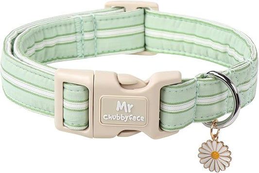 Cotton Dog Collar, Cute Green Summer Puppy Collar with Plastic Buckle, Adjustable Soft Natural Fabric Pet Collar for Small Medium Large Dogs