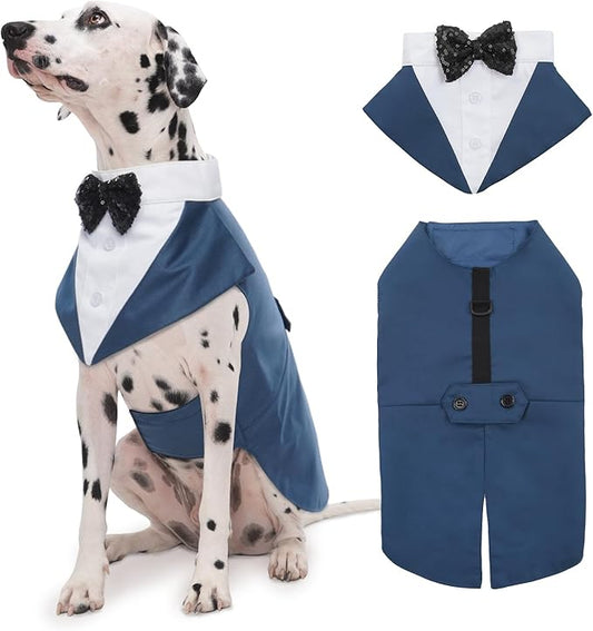 Kuoser Dog Tuxedo Dog Suit and Bandana Set, Dogs Tuxedo Wedding Party Suit, Doggy Prince Bow Tie Shirt Formal Pet Wedding Attire for Large Medium and Small Dogs Golden Retriever Samo Bulldogs