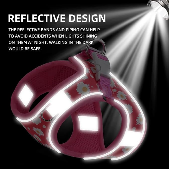 Step in Dog Harness and Leash Set, Flower Adjustable Easy Walk Puppy Harnesses, Soft Mesh Pet Vest Harness Small Size Dog Adjustable No Pull Dog Harness for Small Medium Dogs(Rose red, XXS)