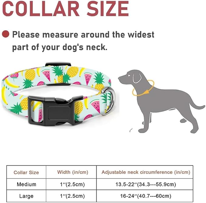 Dog Collar, Cute Dog Collar for Small Medium Large Dogs, Personalized Adjustable Soft Pet Collars with Quick Release Buckle for Walking Running, Watermelon&Pineapples