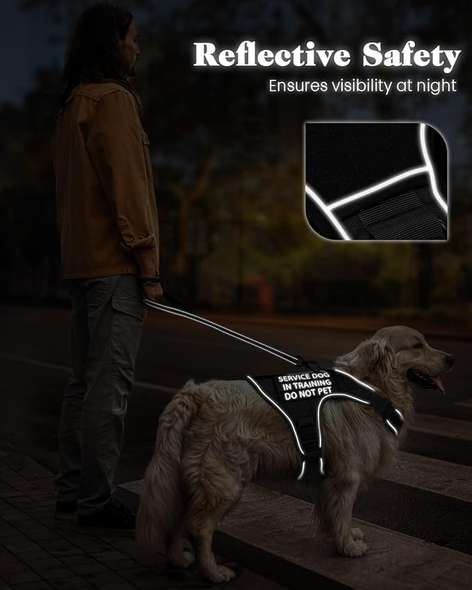 Reflective Service Dog in Training Vest Harness for Medium Large Dogs, Adjustable Heavy Duty Padded Black Dog Harness, with Front Clip and Metal Buckles Do Not Pet for Training, Hiking