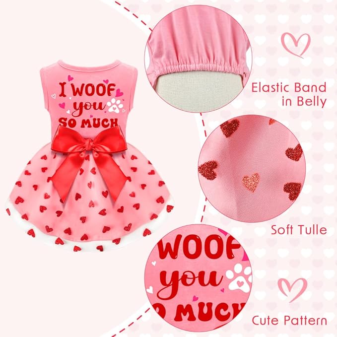 og Valentines Day Clothes I Woof You So Much Dog Valentines Outfit Red Tulle Dog Dress with Bowknot for Small Medium Large Dogs Cat Girl