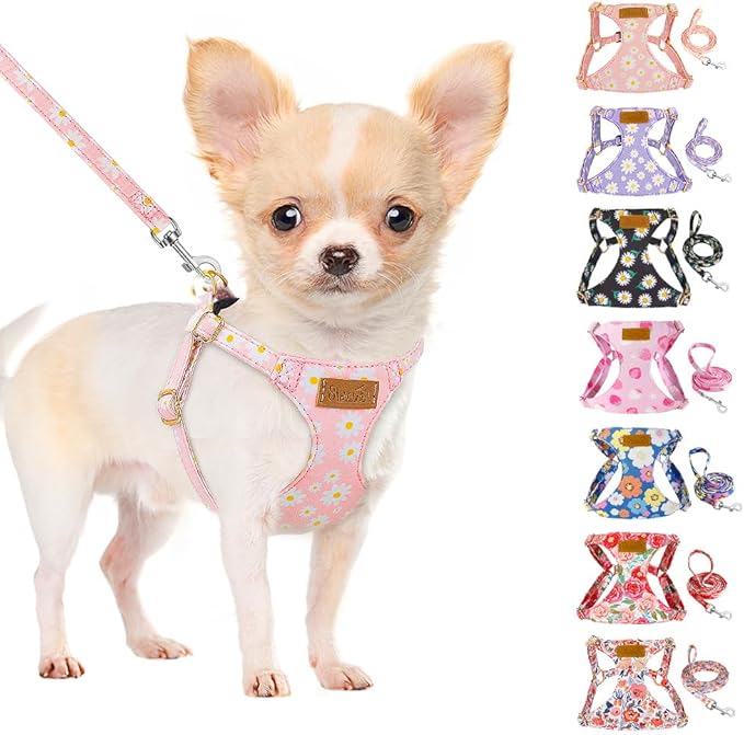SlowTon No Pull Dog Harness with Leash - Soft Lightweight Floral Pattern Puppy Harness, Adjustable Pet Harness for Small Medium Dogs (Pink Daisy M)