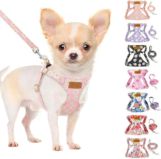 SlowTon No Pull Dog Harness with Leash - Soft Lightweight Floral Pattern Puppy Harness, Adjustable Pet Harness for Small Medium Dogs (Pink Daisy M)