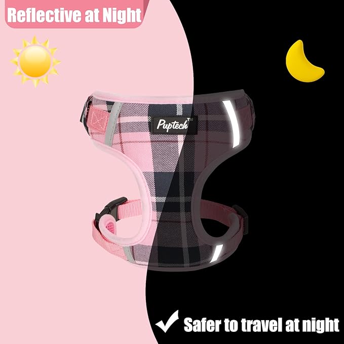 PUPTECK Dog Harness and Leash Collar Set for Small Medium Dogs Puppy and Cats Walking No Pull Adjustable Reflective Soft Mesh Padded Plaid Harnesses Pet Accessories, Pink, S