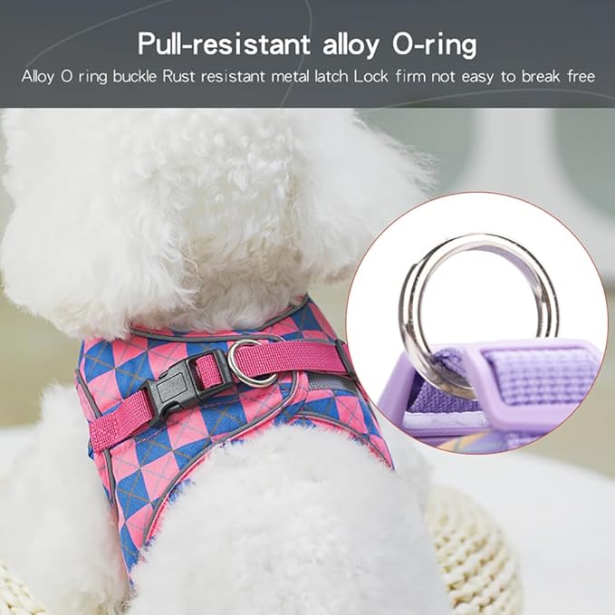 Step in Dog Harness and Leash Set, Plaid Adjustable Easy Walk Puppy Harnesses, Soft Mesh Pet Vest Harness Small Size Dog Adjustable No Pull Dog Harness for Small Medium Dogs(Blue Pink, XXS)